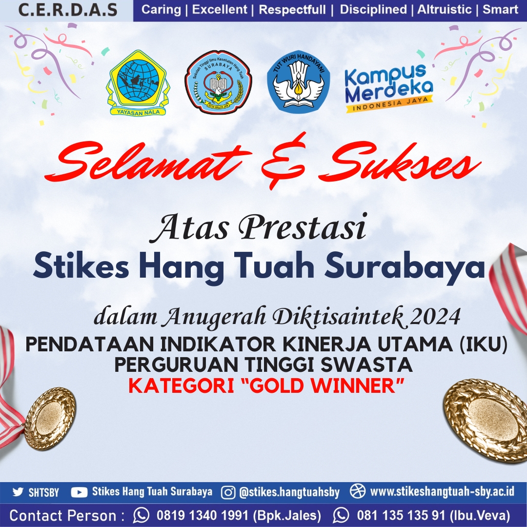 Selamat dan Sukses atas prestasi Stikes Hang Tuah Surabaya dalam Anugerah Diktisaintek 2024, Indikator Kinerja Utama (IKU) Perguruan Tinggi Swasta  Kategori “GOLD Winner”