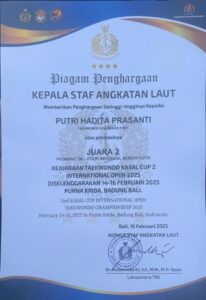 Selamat Atas Diraihnya Medali Perak kategori Poomsae Prestasi Senior Putri TNI-Polri dalam kejuaraan Kasal Cup 2 Internasional Open Taekwondo Championship 2025 di Badung-Bali